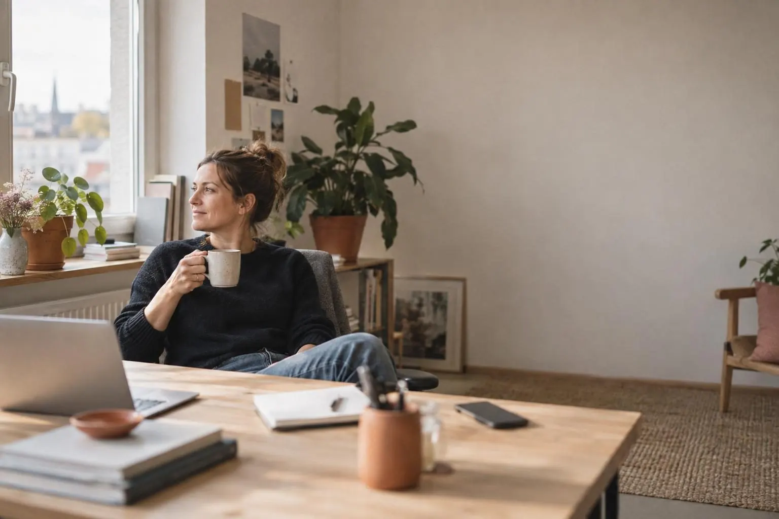 Owner relaxing at her desk with a cup of coffee